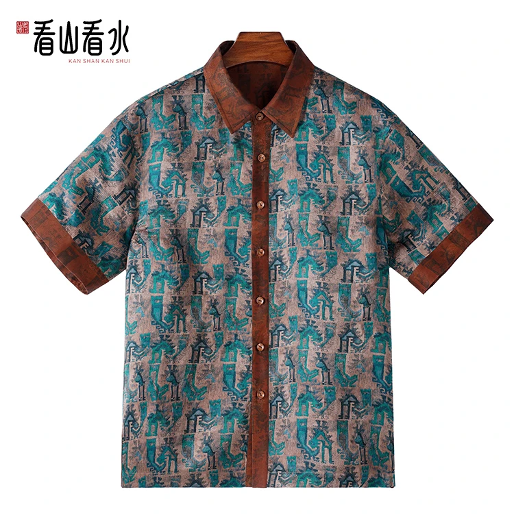 【看山看水】99610红云纱男装桑蚕丝透孔罗短袖衬衫新中式休闲上衣
