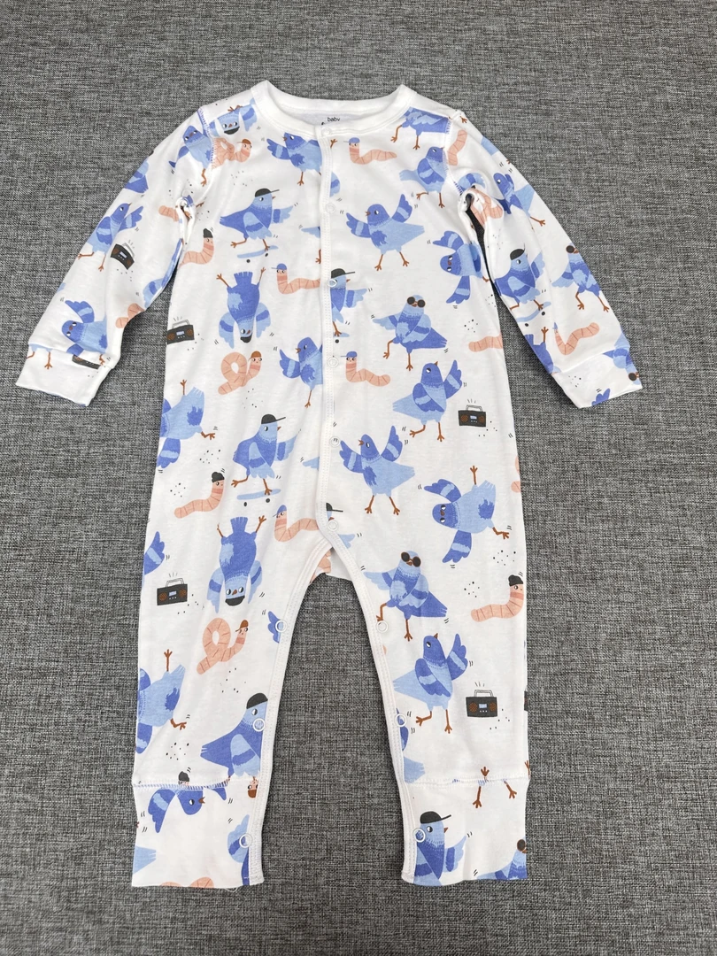 【佰棉】长袖春秋哈衣爬服可爱保暖连体衣睡衣印花蓝色满印单层长爬