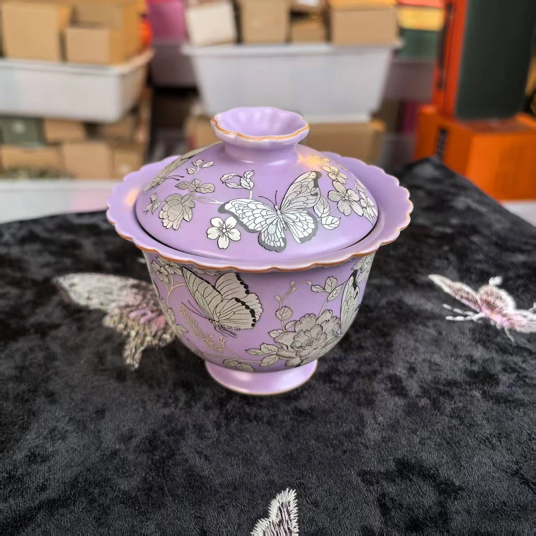 银绘紫汝蝶恋花高足花口二才盖碗 A12546