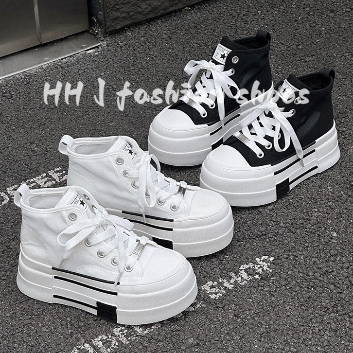 韩版厚底冰丝网高帮小白鞋女2025夏季新款圆头系带透气百搭休闲鞋