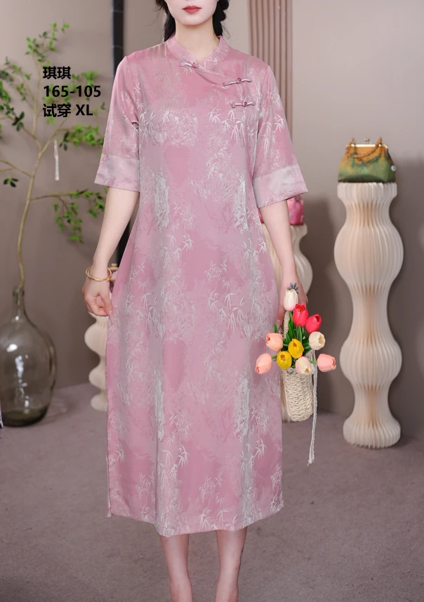 4504【粉竹旗袍】花萝直筒遮肚子连衣裙