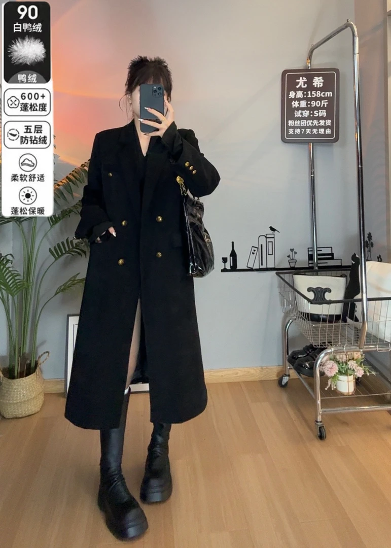 【尤希】90白鸭绒羽绒服殴棉绒西装外套长款大衣韩版冬季