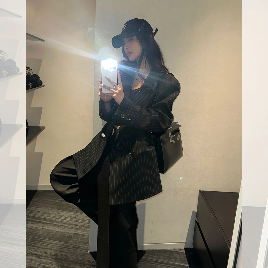 【限量】左边女装宽松西装外套2025春季新款条纹廓形西服