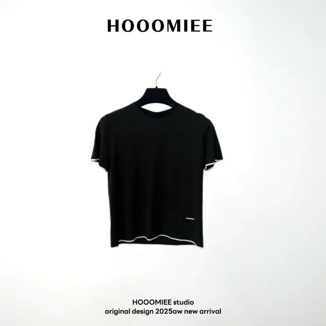 Hooomiee金属牌撞色边简约设计圆领女士T恤短袖250040