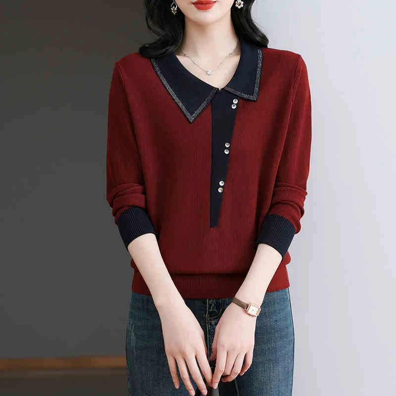 春秋装新款女士中年妈妈娃娃翻领打底衫宽松洋气针织毛上衣t恤