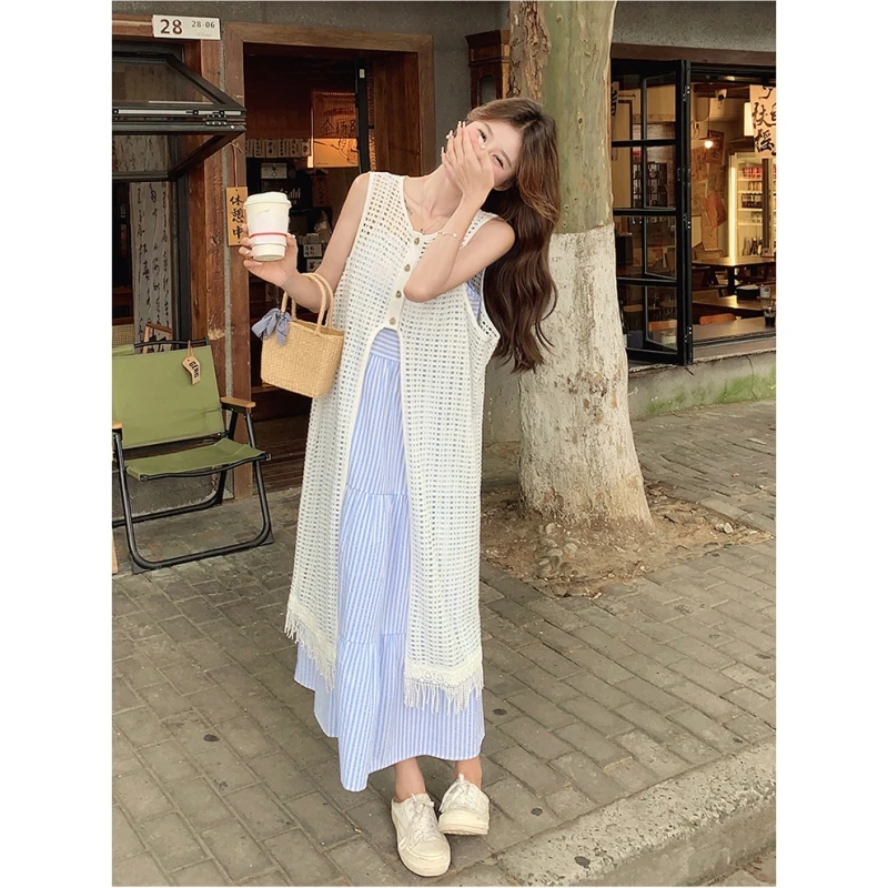 蓝色条纹吊带裙套装女夏2024新款超好看罩衫连衣裙夏季搭配一整套