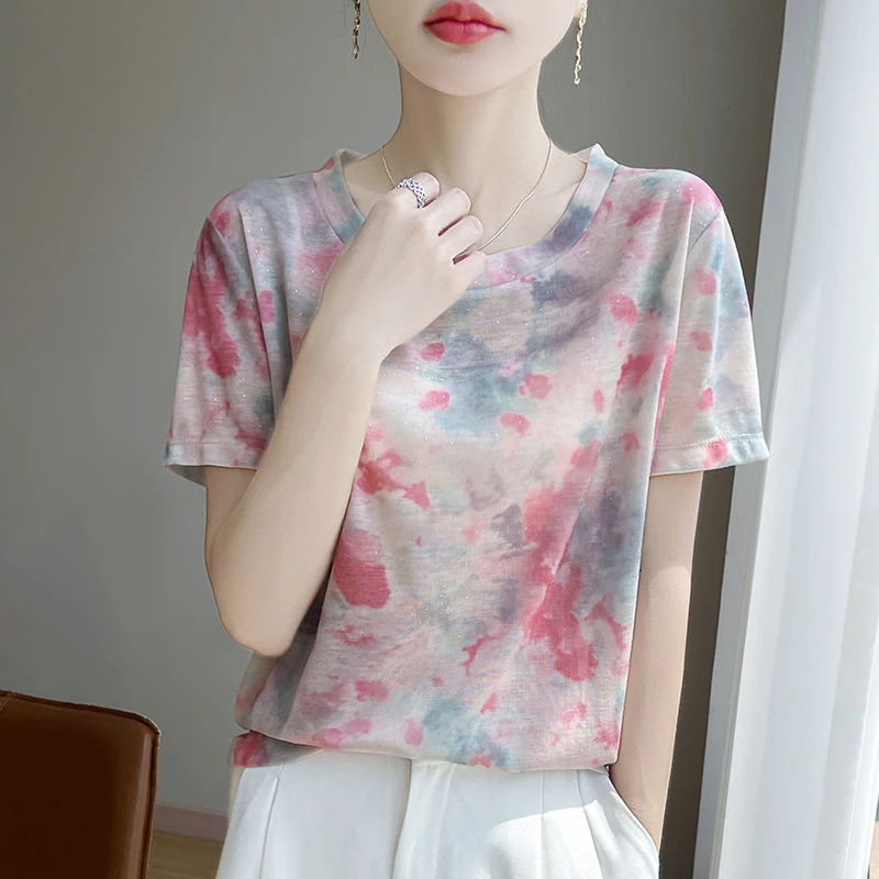 【现货宠粉】新款夏季法式女垂感圆领T恤短袖宽松印花透气套头打底