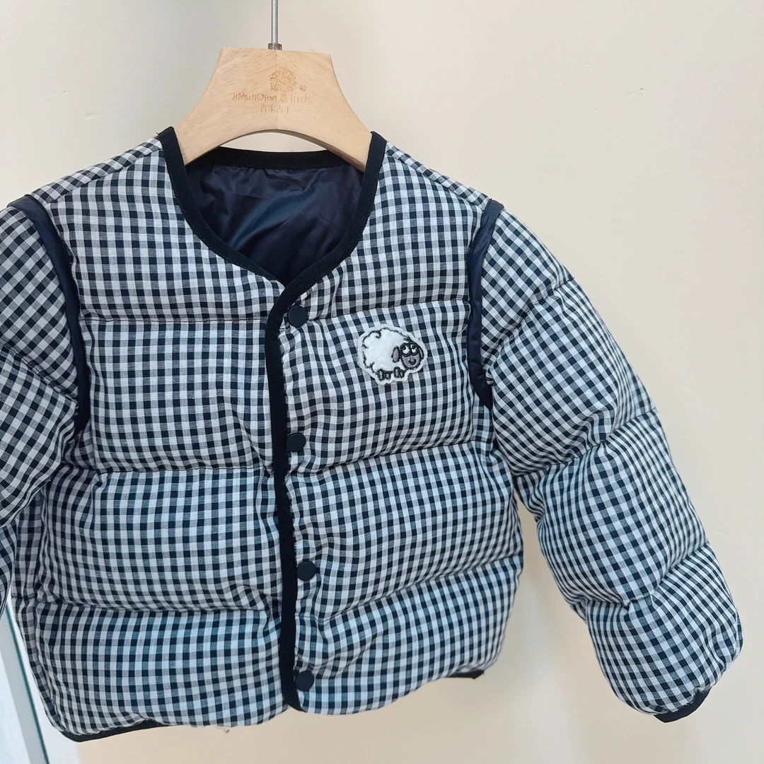 JMJQ深秋冬季韩版时尚双面穿格子净色无领校服神器羽绒服201561