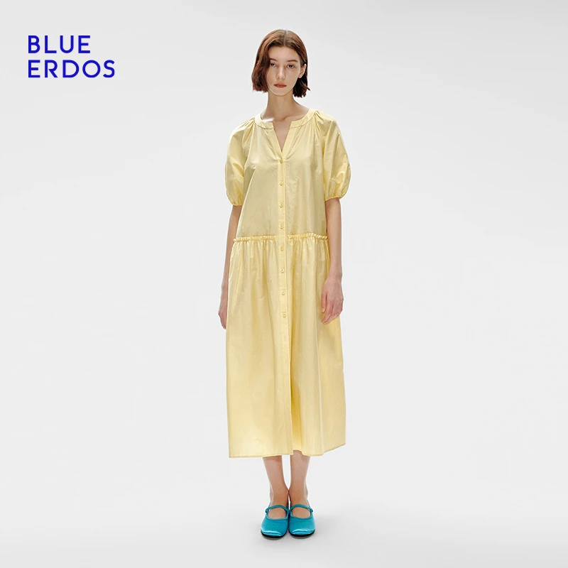 25早春BLUE ERDOS浅梨黄减龄泡泡袖连衣裙女B255I2006