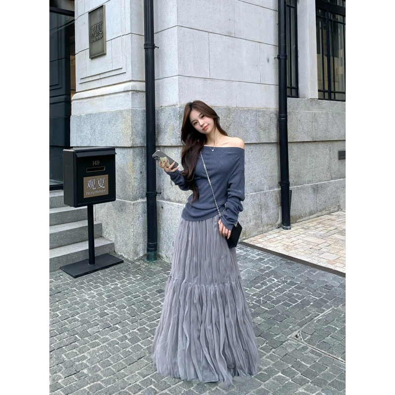 甜美温柔风休闲气质长袖针织上衣女2025新款高腰百褶半身裙两件套