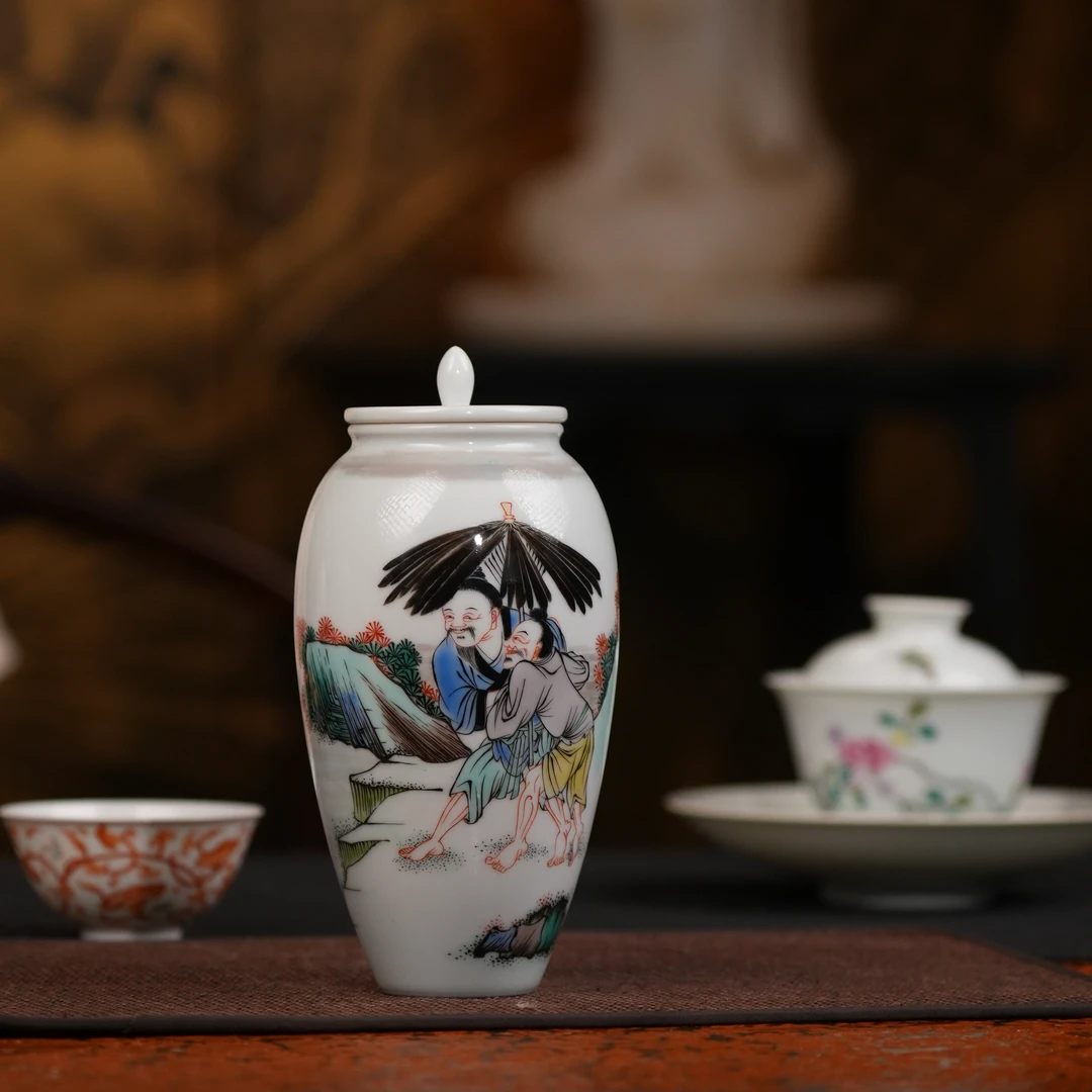 【一点堂】古彩人物茶叶罐(和合二仙)高档纯手工中式
