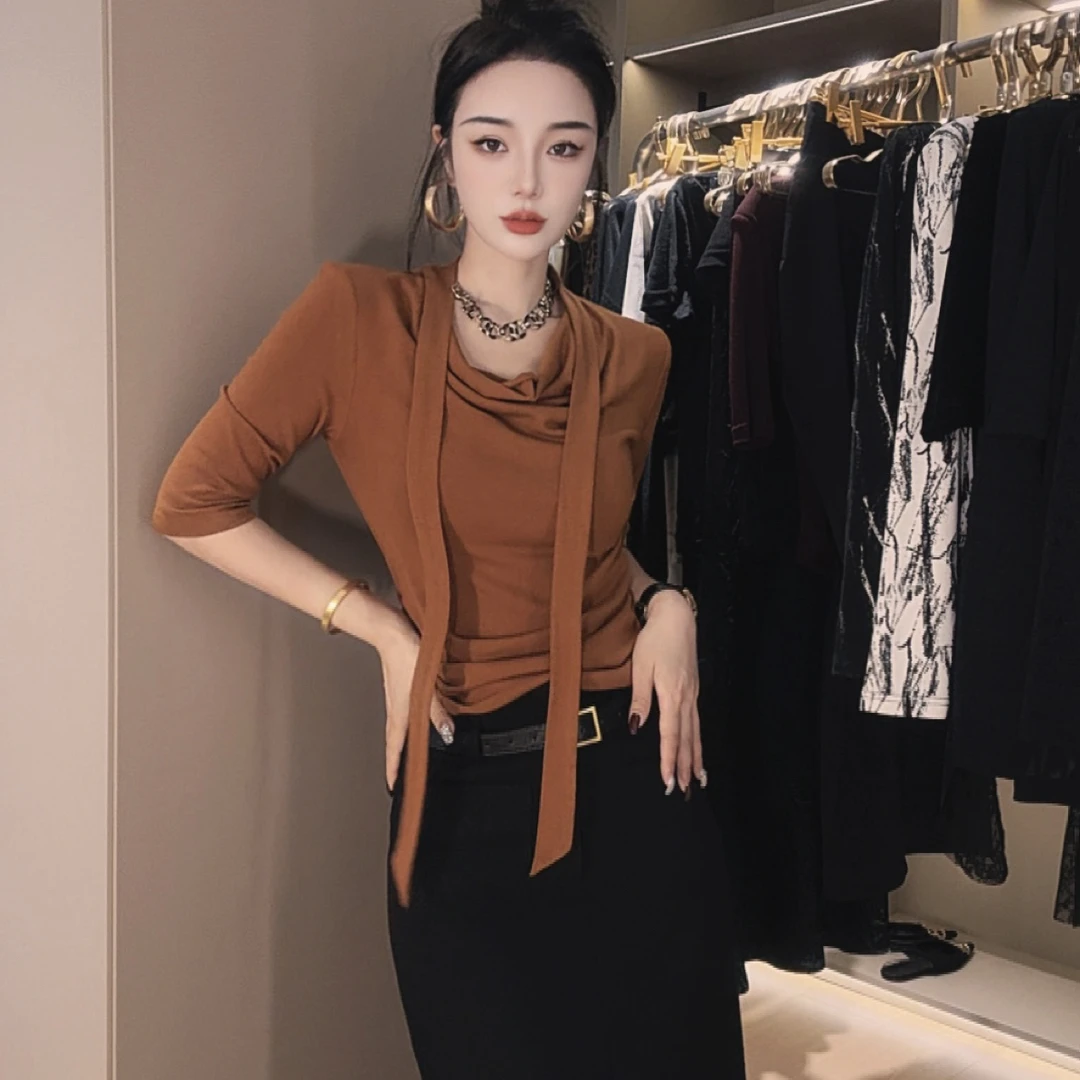 莎火火-原创秋装新款堆堆领褶皱中袖打底衫女上衣3051