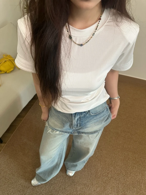 漂白褶皱抗起球短袖圆领法式垫肩T恤白色百搭休闲户外