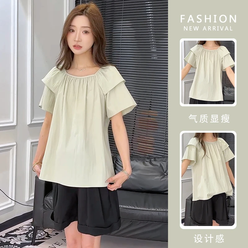 孕妇套装夏季气质甜美风方领短袖衬衫显瘦遮肚薄款＋黑色托腹短裤