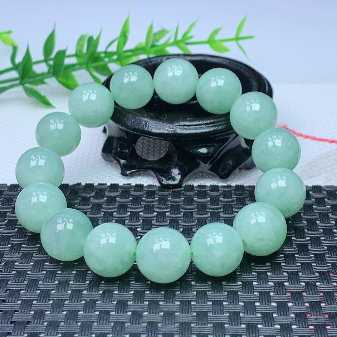 缅甸天然A货翡翠 浅绿圆珠手串 珠大14+mm15 颗 03