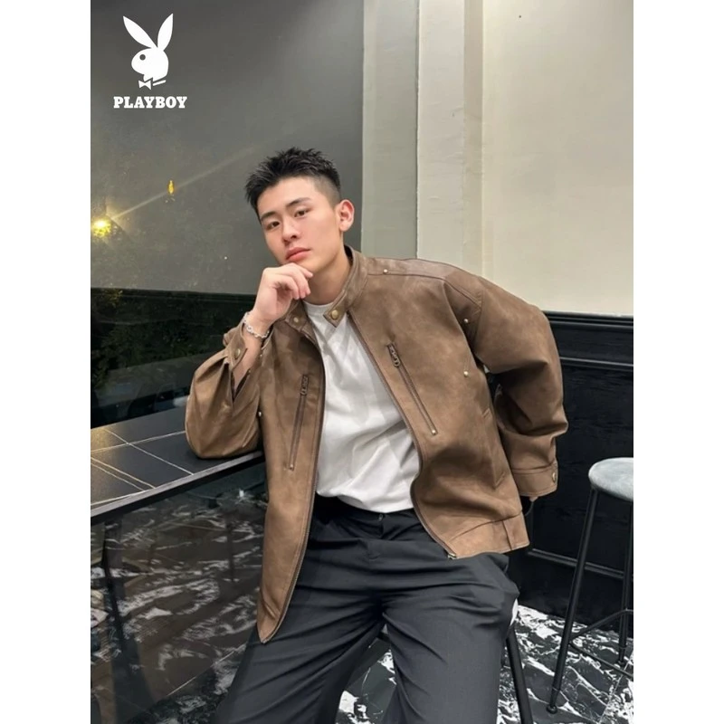 花花公子男士痞帅皮衣外套秋冬季美式复古立领pu皮夹克潮流高端爆