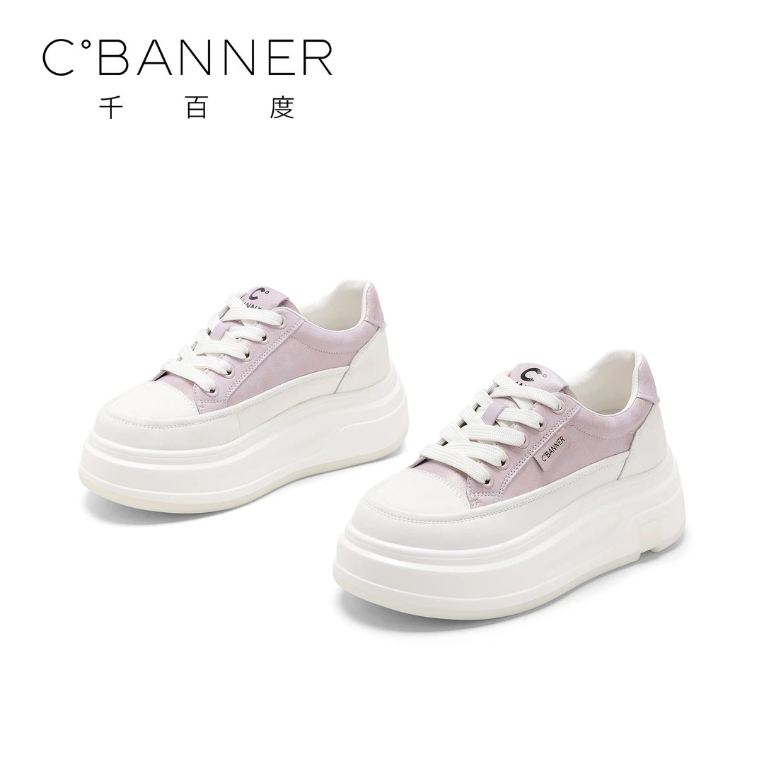 C.BANNER/千百度简约休闲鞋女2025新款时尚厚底增高系带松糕板鞋