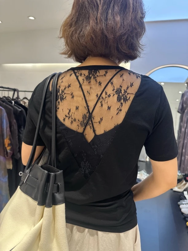 拼接抗皱V领圆领镂空短袖蕾丝T恤半袖运动痞帅肯豆风