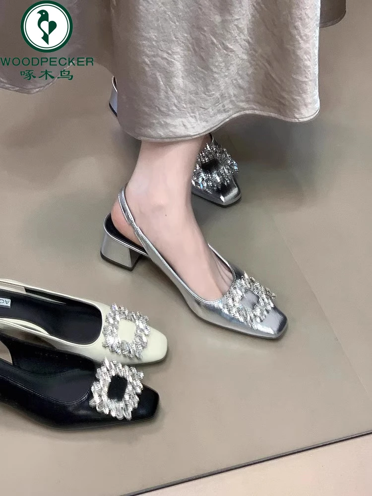 啄木鸟法式包头凉鞋女2025夏季新款水钻高跟鞋粗跟后空晚晚单鞋