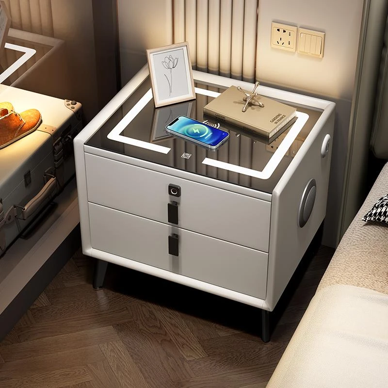 智能全实木多功能无线充电音箱现代简约轻奢指纹收纳网红床边柜