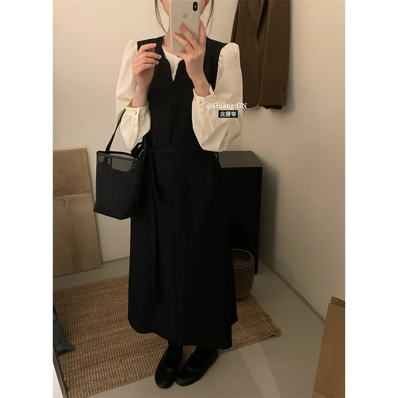 HUANG:GN温柔韩系简约拼接撞色长袖连衣裙（含腰带）