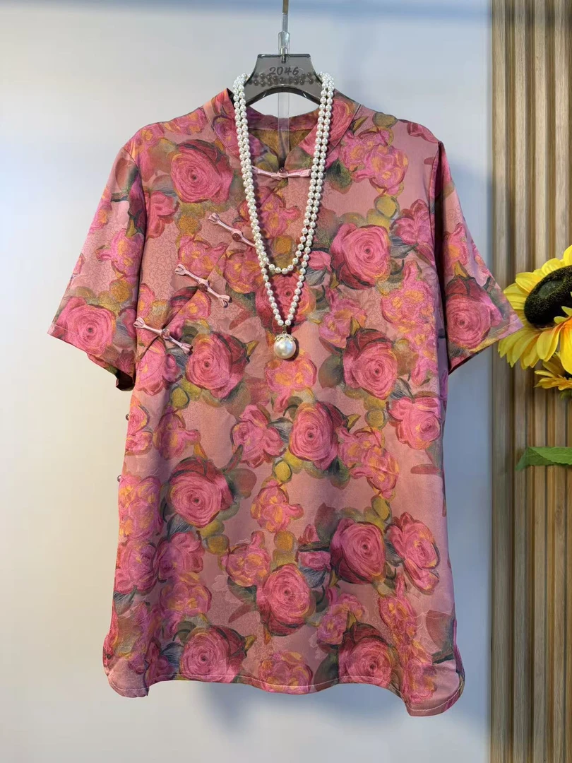 新中式大码女装2025夏季款清凉国风盘扣提花遮肉显瘦立领半袖上衣