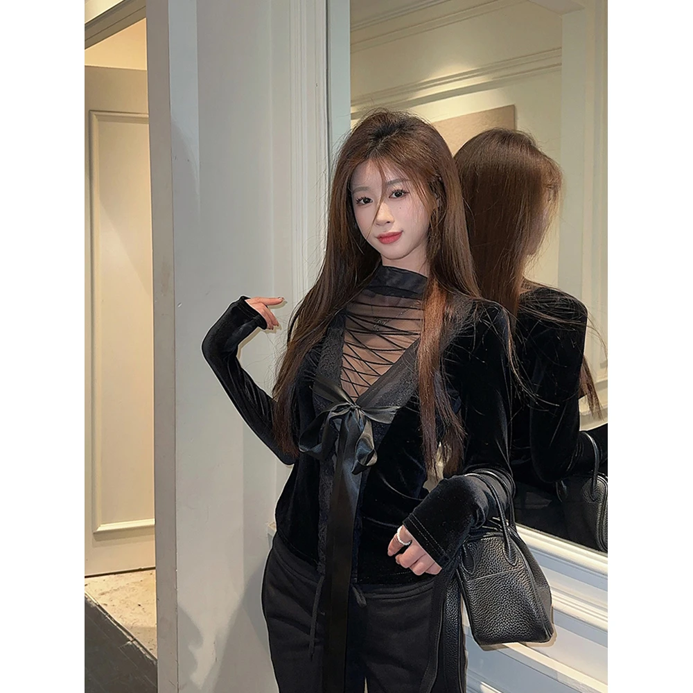 欲2025辣妹显瘦衬衫性感蕾丝拼接新款法式蝴蝶结春季上衣纯打底女