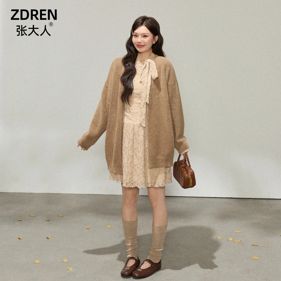 张大人【慵懒冬日】大码女装微胖妹妹秋日复古温柔风开衫蕾丝连衣裙