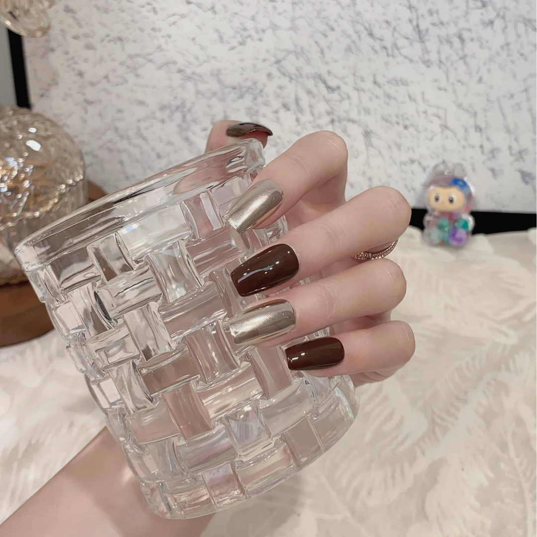 JDD【热可可】高级感新款焦糖咖色显白纯手工穿戴甲片美甲贴中长款