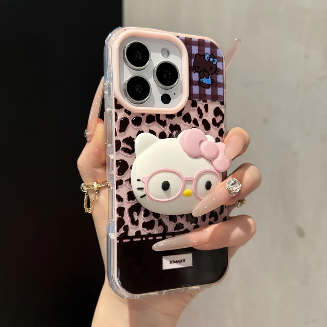 ins立体带眼镜豹纹KT猫适用苹果16手机壳iPhone15promax可爱14女