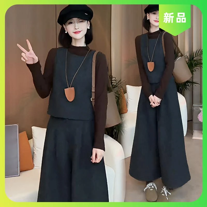 高级感毛呢套装女装秋冬一整套气质百搭无袖马甲九分阔腿裤三件套