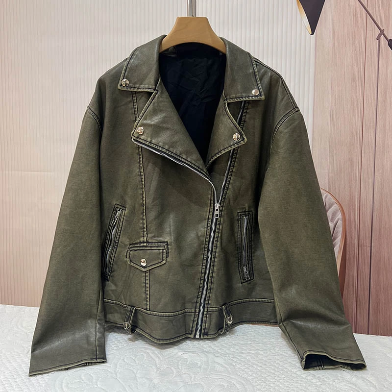 2025春季新款翻领皮衣外套短款PU皮衣美式设计感重金属时尚夹克女