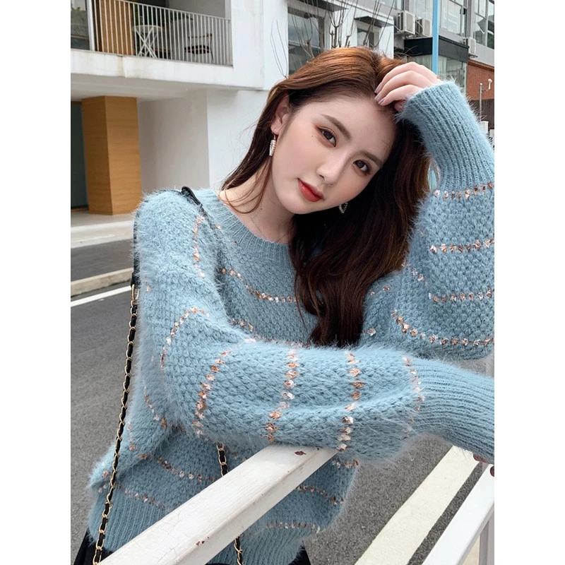 条纹女秋冬外穿2025年新款茧型套头宽松慵懒风毛衣马海毛针织衫潮