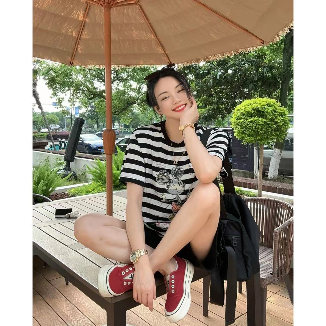 夏季手绘米奇横条纹圆领短袖T恤5-5-7