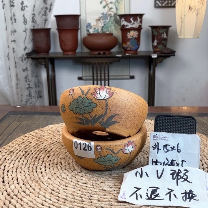 紫砂花盆微瑕两只柴烧彩绘窝口圆 0126