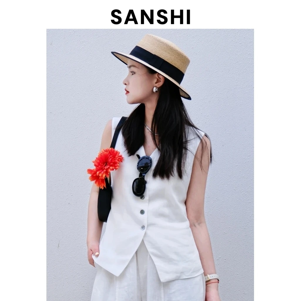 SANSHI【老钱风马甲】夏季V领苎麻无袖背心 气质百搭高级西装马夹