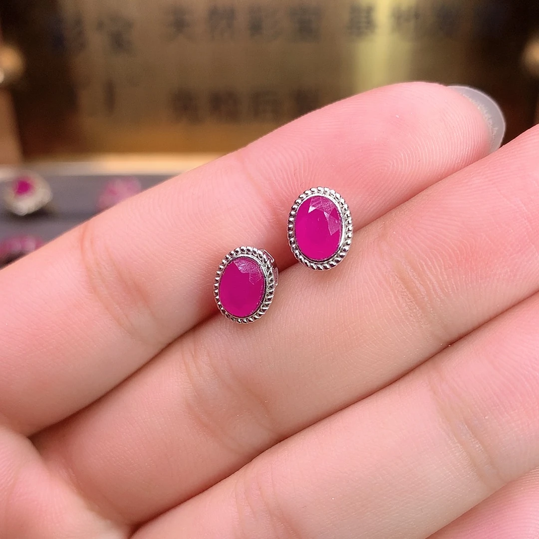 耳饰银S925镶嵌红宝石