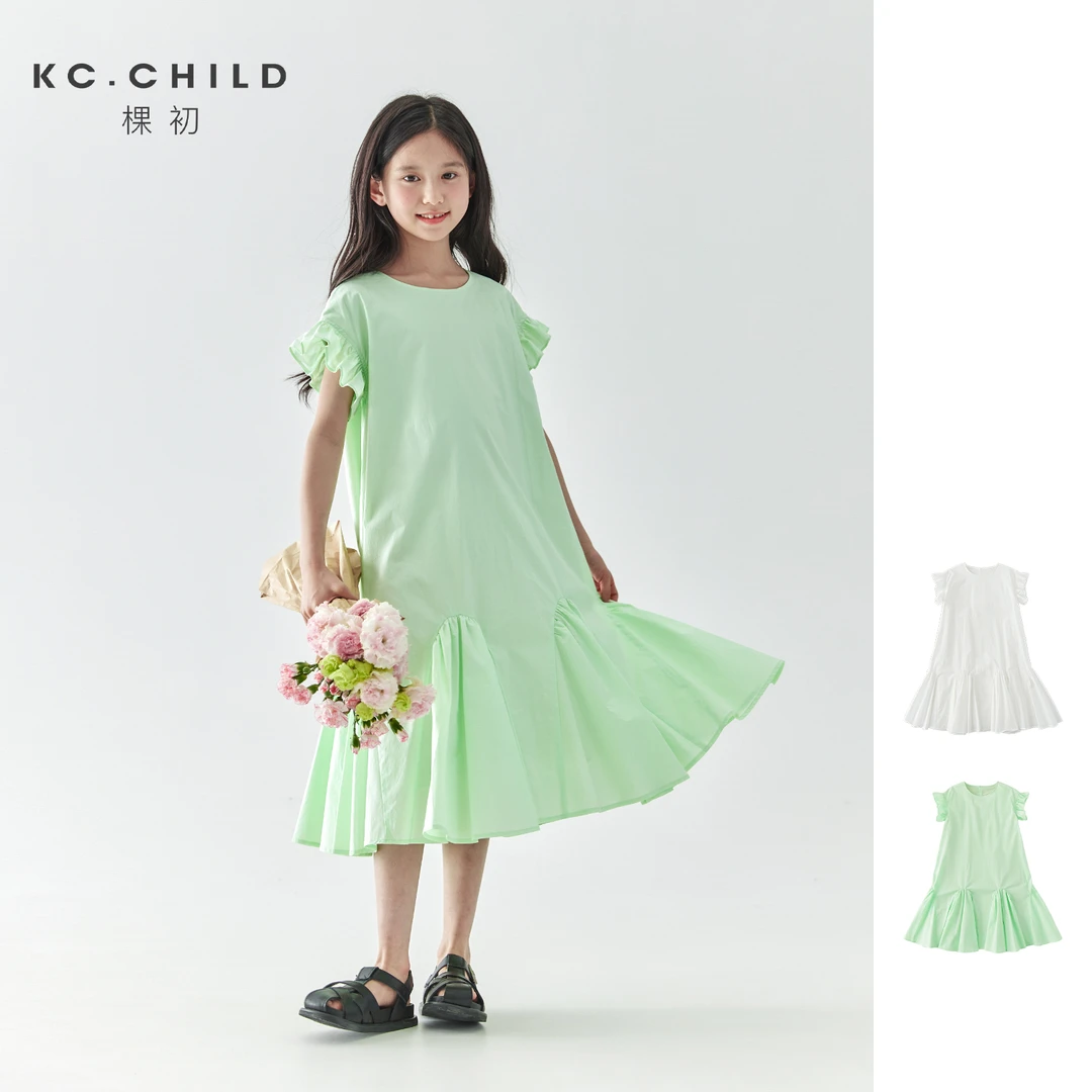 棵初2025年春夏新款女童小飞袖长款连衣裙全棉量感抽褶拼接A字裙