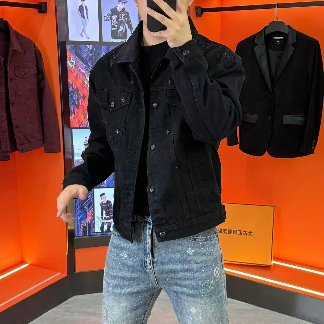 男士潮流时尚帅气微阔短款满天星牛仔外套牛仔夹克-5566