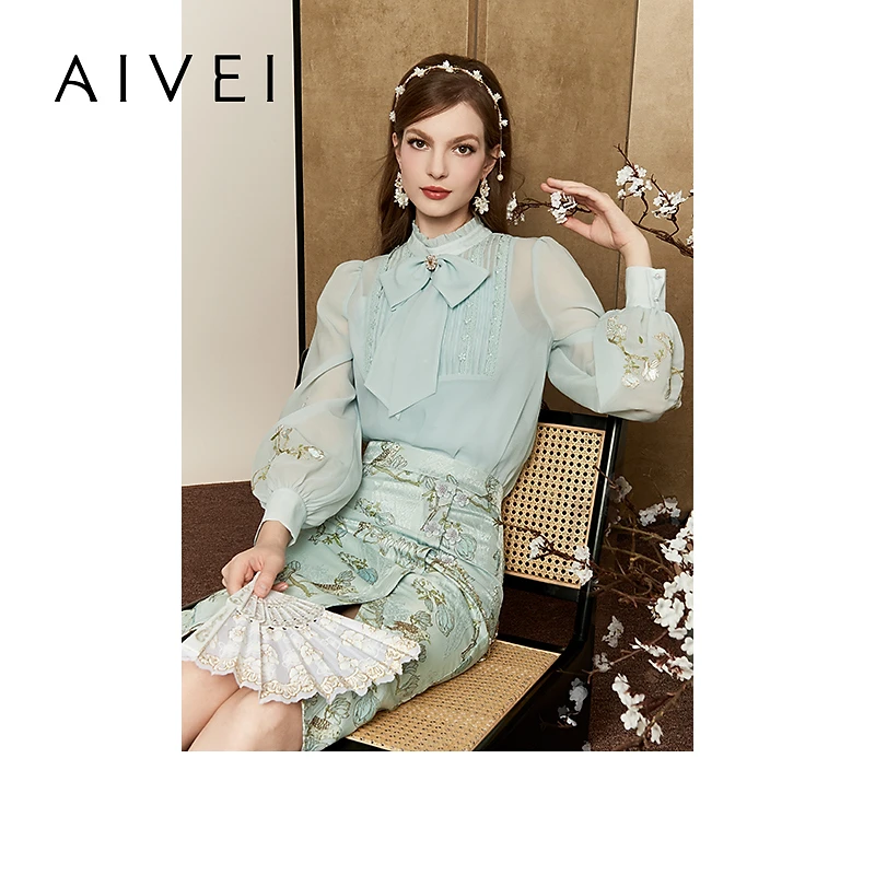 AIVEI艾薇新淑女薄荷曼波国风花鸟刺绣夏季雪纺衬衫R0160007