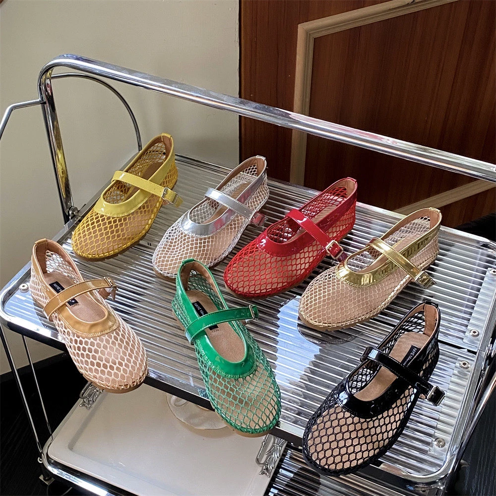 网红款圆头一字扣带芭蕾舞鞋女网眼镂空玛丽珍单鞋渔网鞋凉鞋816