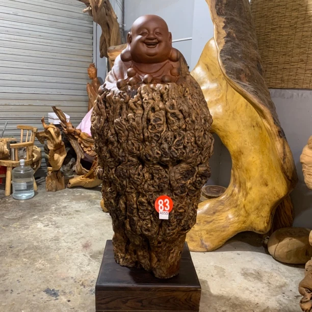 百财弥勒枣木手工雕刻落地摆件