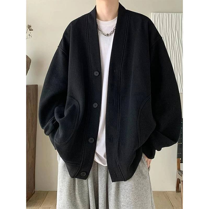 纯黑色日系慵懒风外套男高级感华夫格V领开衫卫衣春夏季宽松夹克