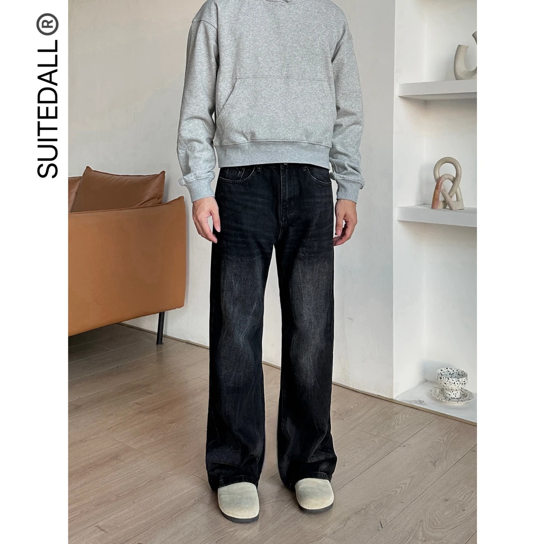 SUITEDALL闪电裂纹 2.0自然猫须 微喇叭牛仔裤水洗做旧磨破长裤黑