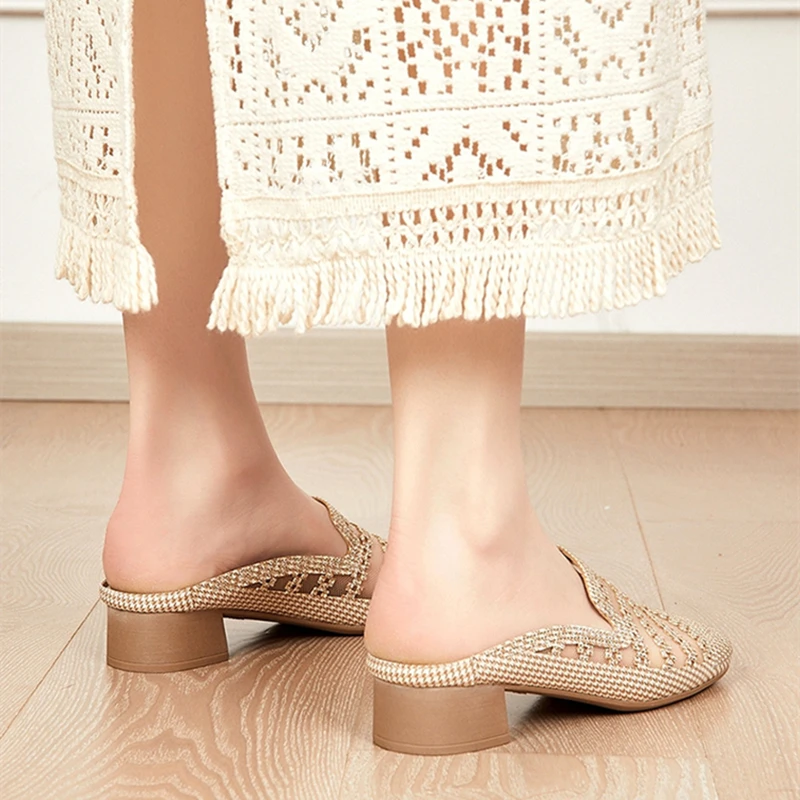 断码特价真皮包头半拖鞋女外穿夏镂空透气2025穆勒粗跟懒人凉拖鞋