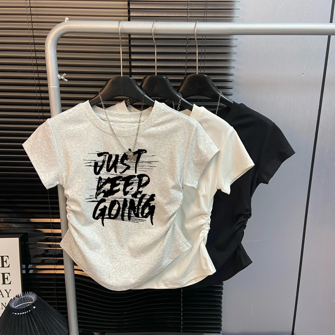 SZE 圆领褶皱收腰显瘦t恤夏季修身渐变黑色字母上衣辣妹正肩短袖