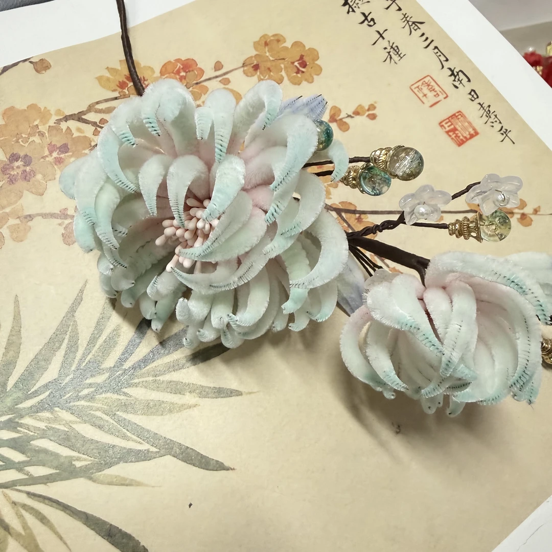 3古风发饰汉服绒花发簪 手工制作默认微瑕 均有色差