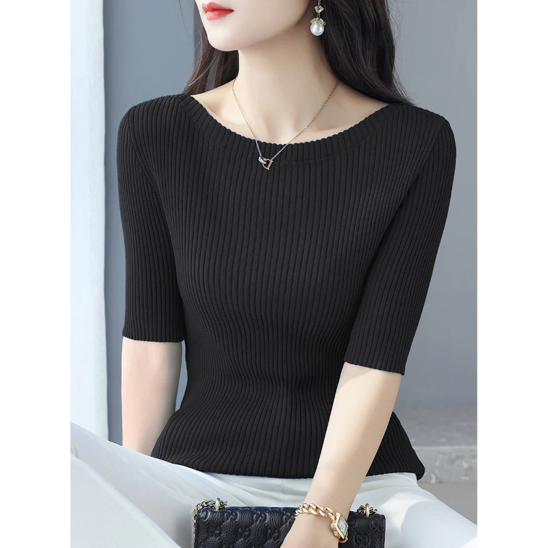 时尚气质简约系五分袖上衣女装秋季一字领内搭韩款打底百搭针织衫