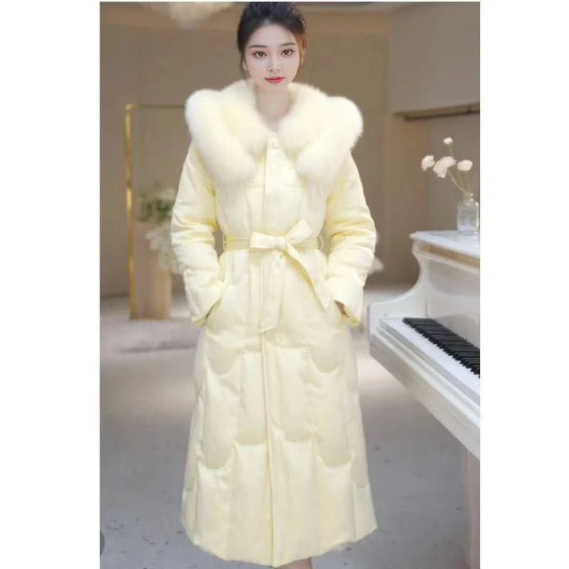 时尚双层真狐狸毛领长款保暖白鸭绒2025秋冬新款875棉服加厚