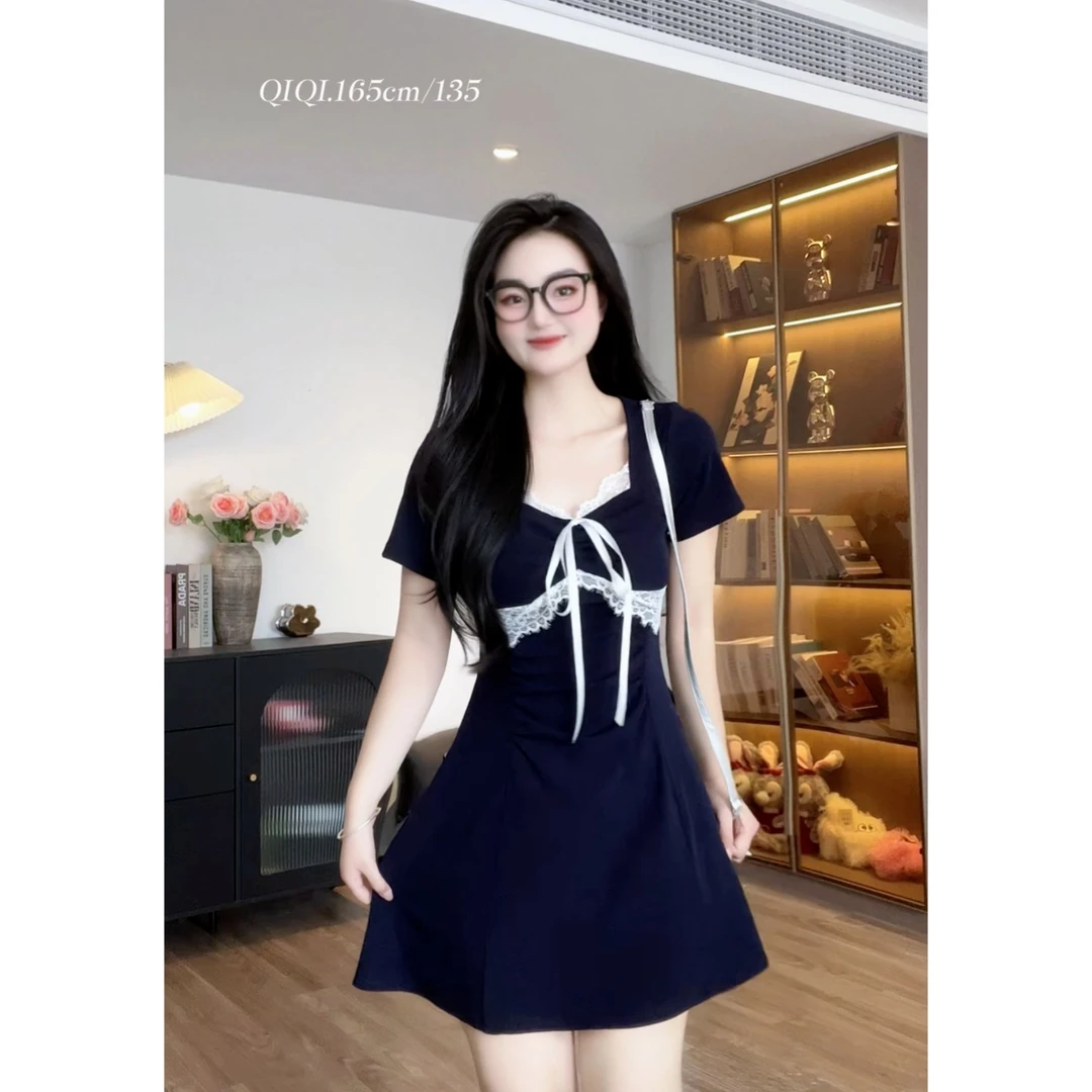 【温柔简信】9576微胖mm时尚温柔纯欲蕾丝绑带收腰设计感小众连衣裙